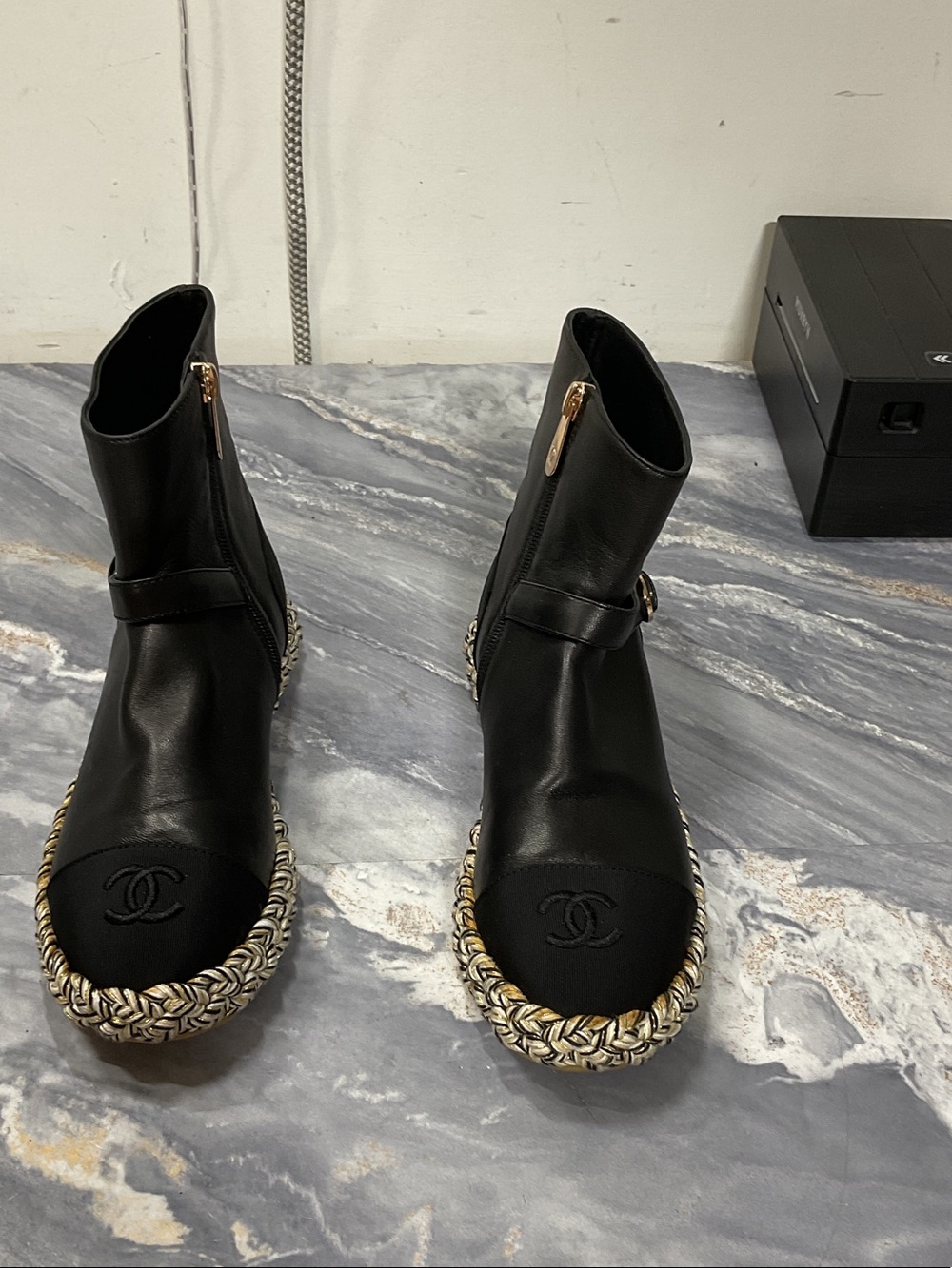 CHANEL Black Leather Ankle Boots with Gold-Braided Espadrille Trim